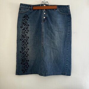 GAP Hand Printed Leopard Denim Medium Wash Black Blue Cotton Jean Skirt Size 16